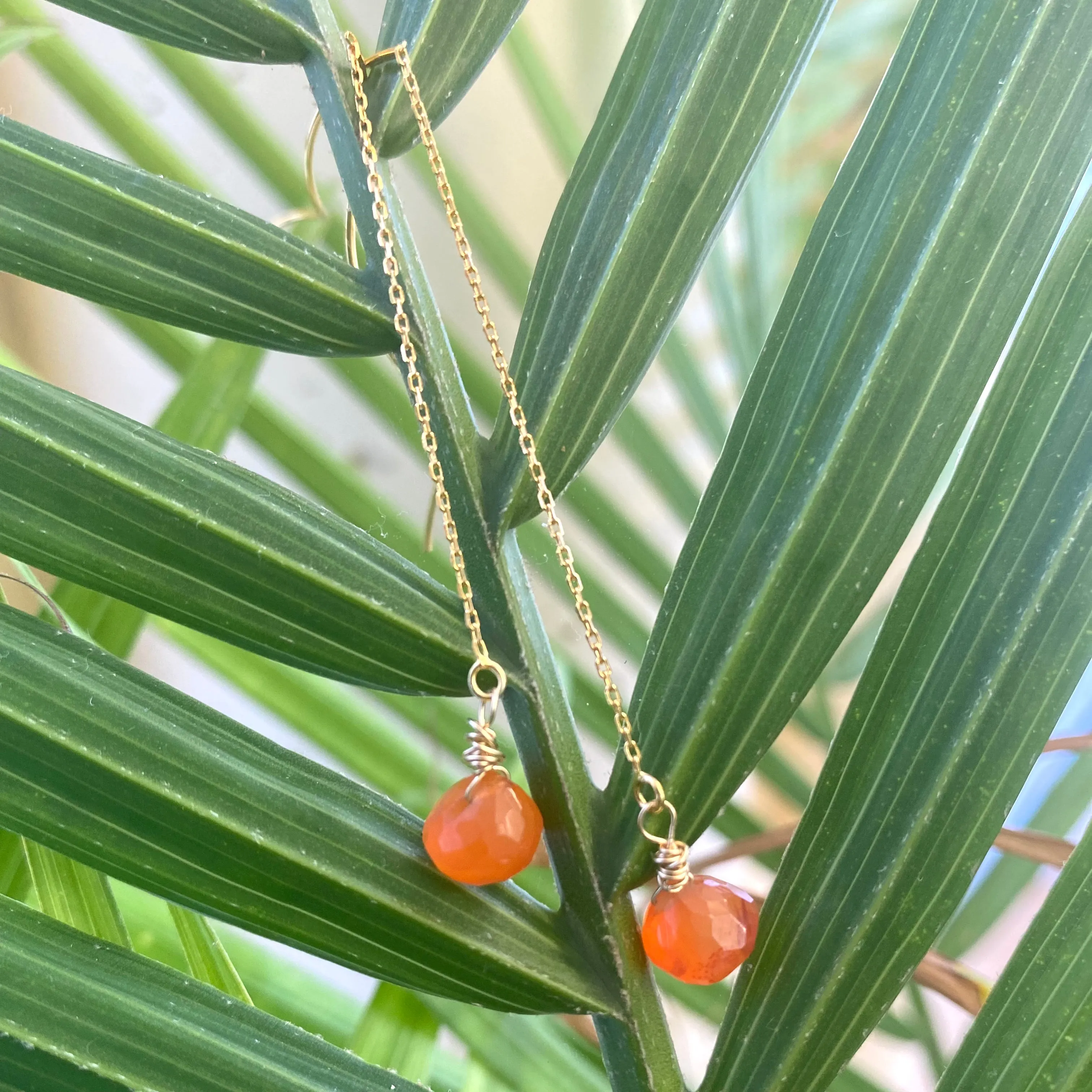 Carnelian Briolettes Threader Earrings, Gold Vermeil Plated Silver Chain Earrings