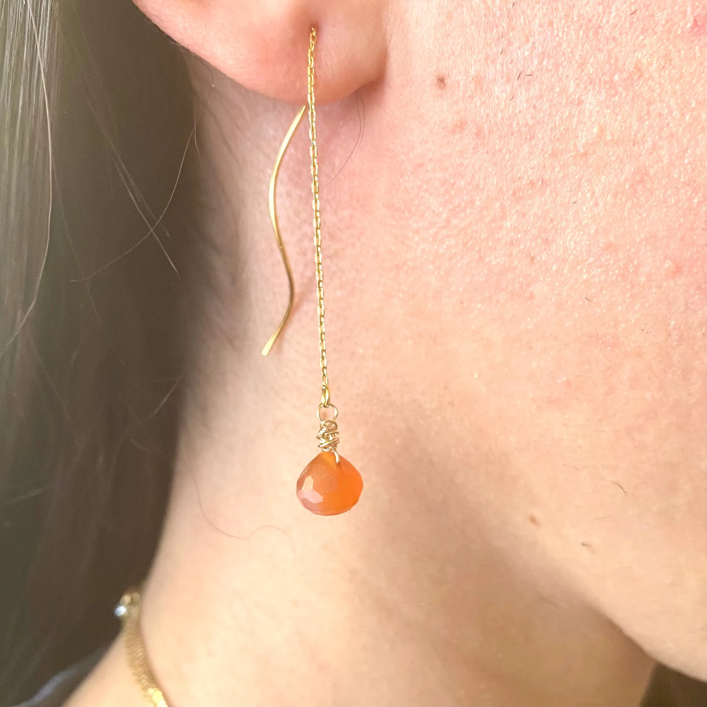 Carnelian Briolettes Threader Earrings, Gold Vermeil Plated Silver Chain Earrings