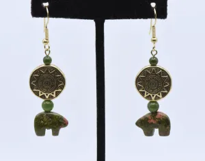 Carved Unakite Bears and Jade Dangle Earrings