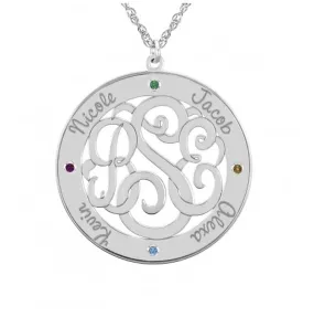 Classic Border Round Monogram Mothers Necklace with Birthstones