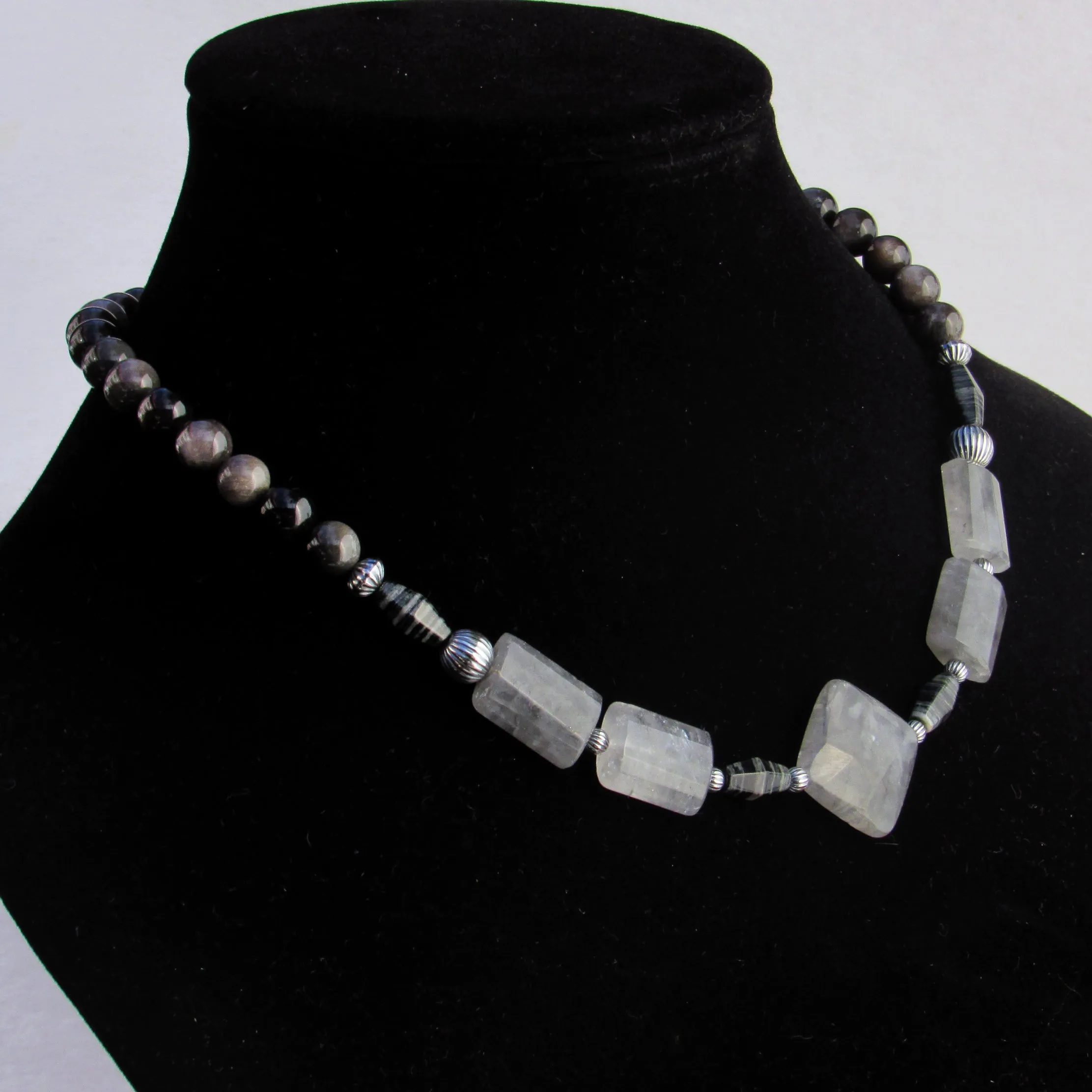 Cloudy Quartz, silver leaf Jasper and silver obsidian with oxidized s silver men’s handmade necklace