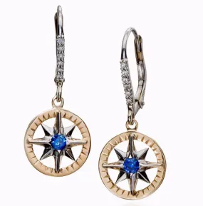 Compass Rose Classic 14K Two-Tone Gold with Sapphires and Diamond Lever Back Dangle Earrings