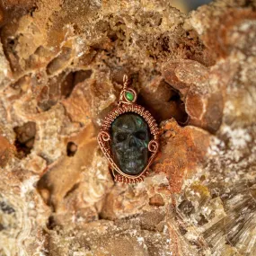 Copper Wire Wrapped Skull Carving Flashy Labradorite Pendant~ with Opal Accents ~ gorgeous rainbows~ Includes Copper Chain