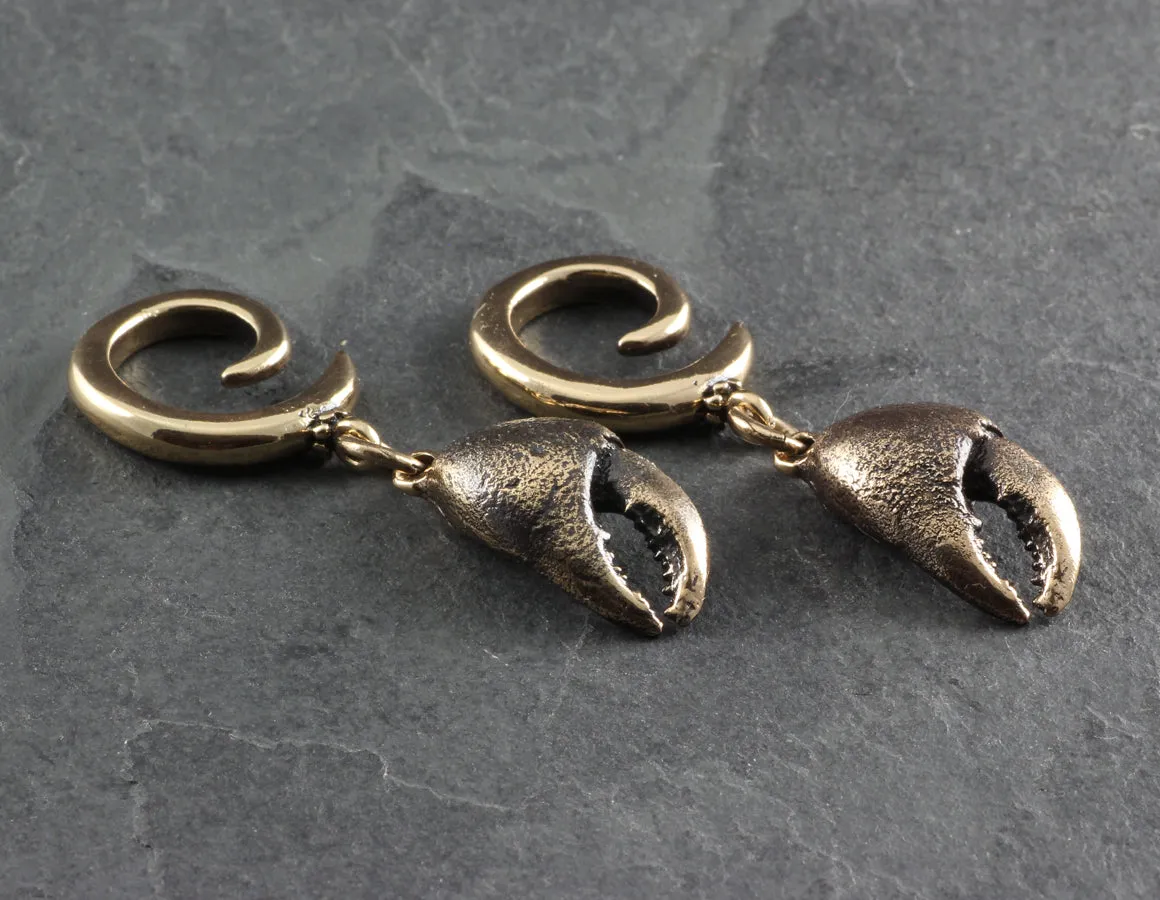 Crab Claw Gauged Spiral Earrings - Bronze