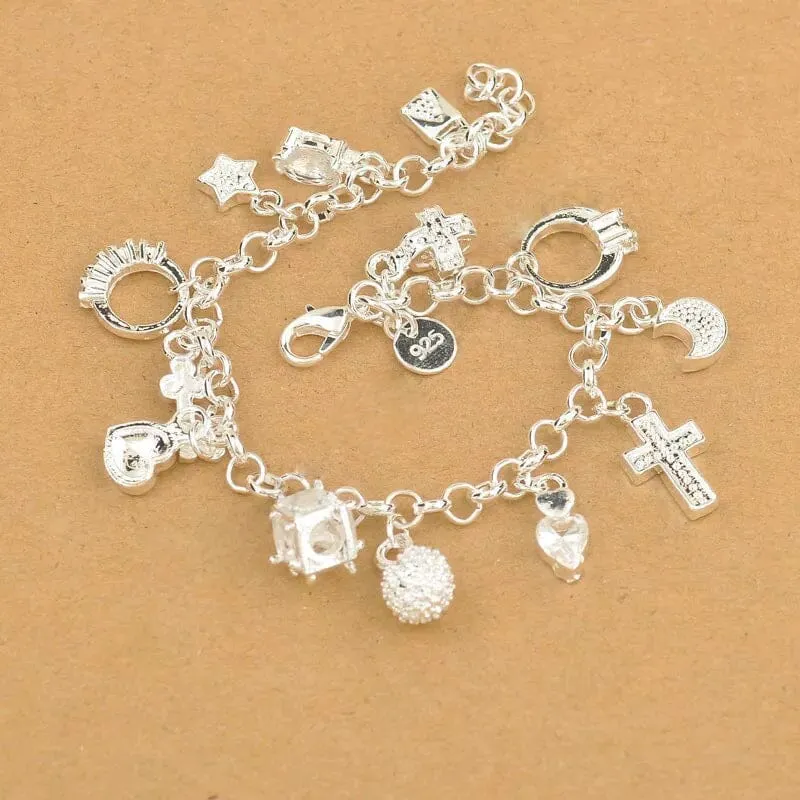 Cross Moon Heart Clock Ball Cube Star Charm Bracelet - 925 Sterling Silver