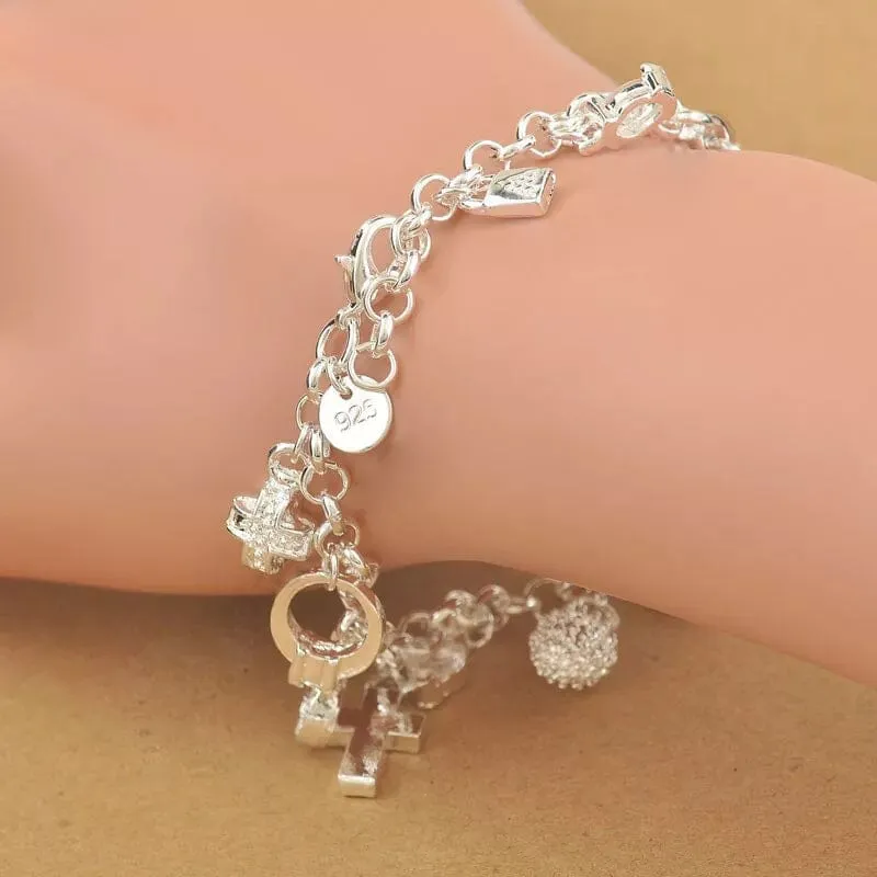 Cross Moon Heart Clock Ball Cube Star Charm Bracelet - 925 Sterling Silver