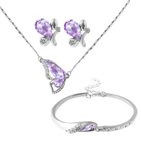 Crystal Butterfly Necklace, Bracelet & Stud Earrings Jewelry Set