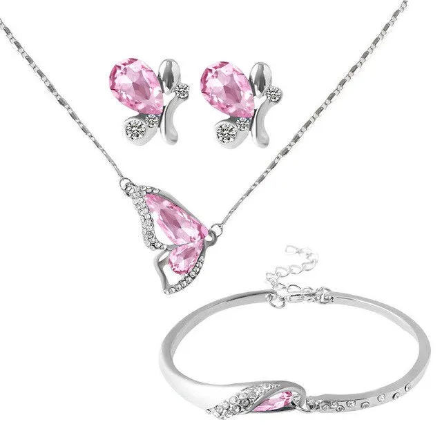 Crystal Butterfly Necklace, Bracelet & Stud Earrings Jewelry Set