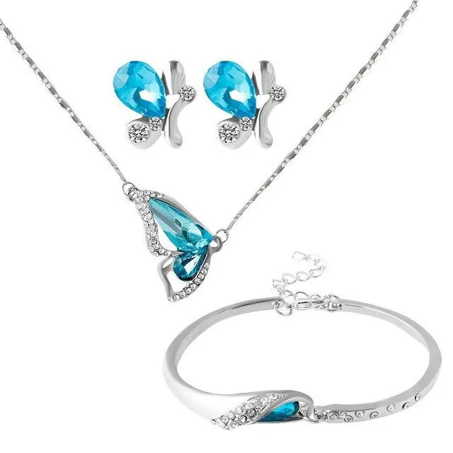 Crystal Butterfly Necklace, Bracelet & Stud Earrings Jewelry Set