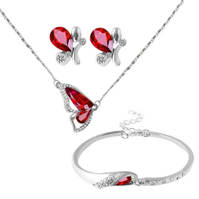 Crystal Butterfly Necklace, Bracelet & Stud Earrings Jewelry Set