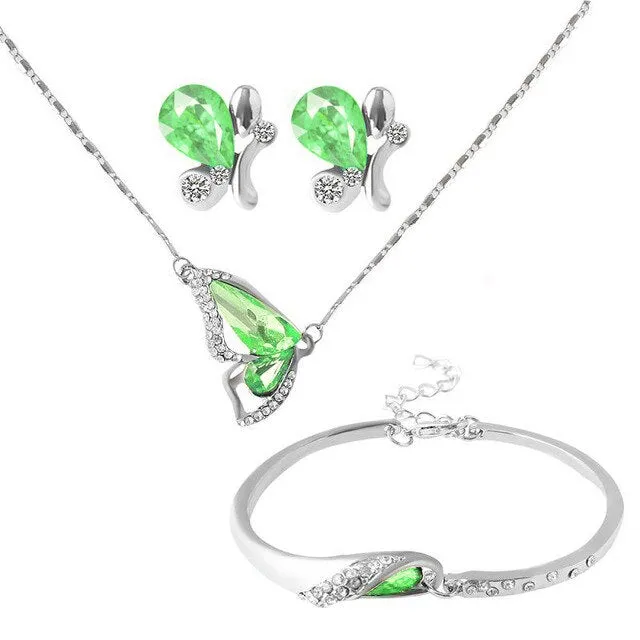 Crystal Butterfly Necklace, Bracelet & Stud Earrings Jewelry Set