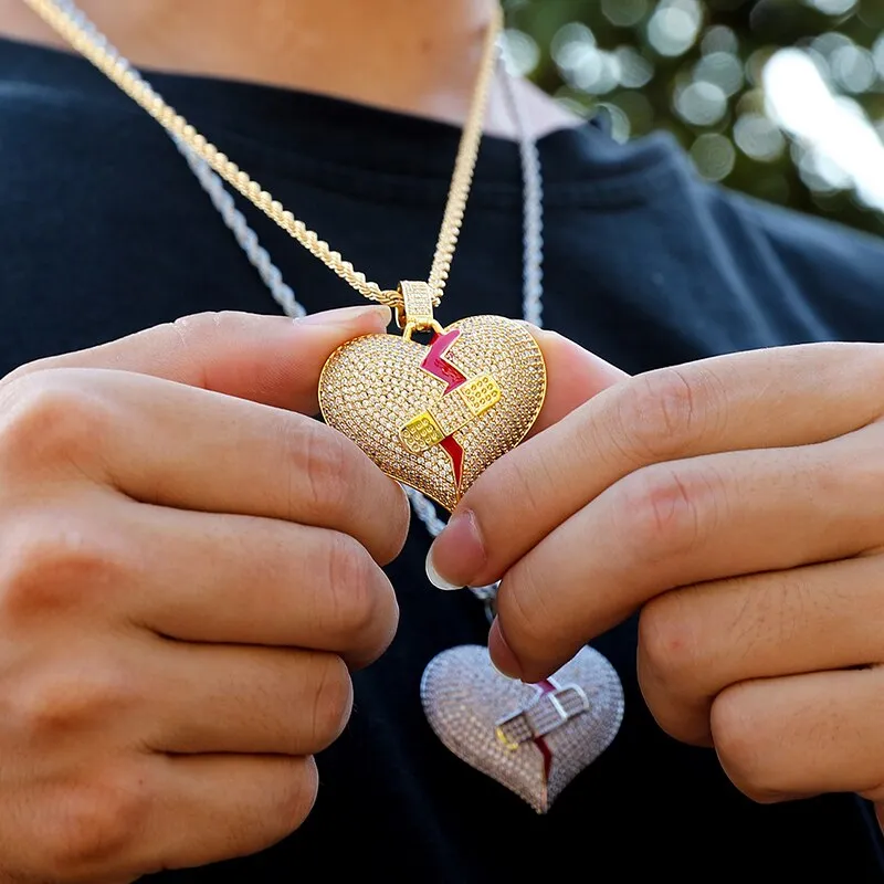 Cubic-Zirconia-Studded Broken Heart with Bandage Hip-hop Pendant Necklace