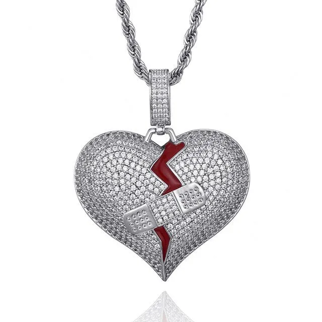 Cubic-Zirconia-Studded Broken Heart with Bandage Hip-hop Pendant Necklace