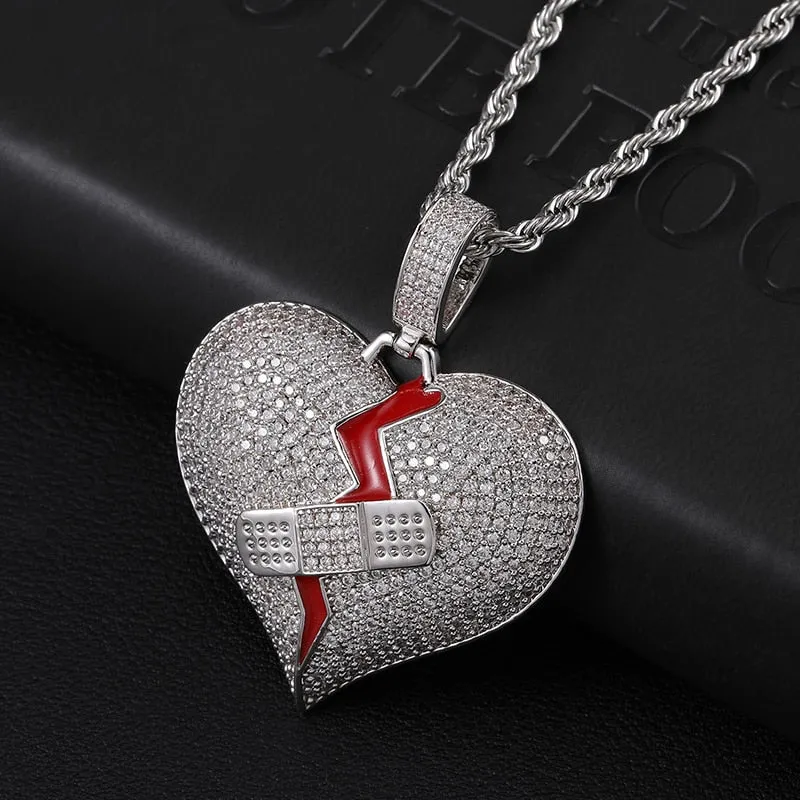 Cubic-Zirconia-Studded Broken Heart with Bandage Hip-hop Pendant Necklace