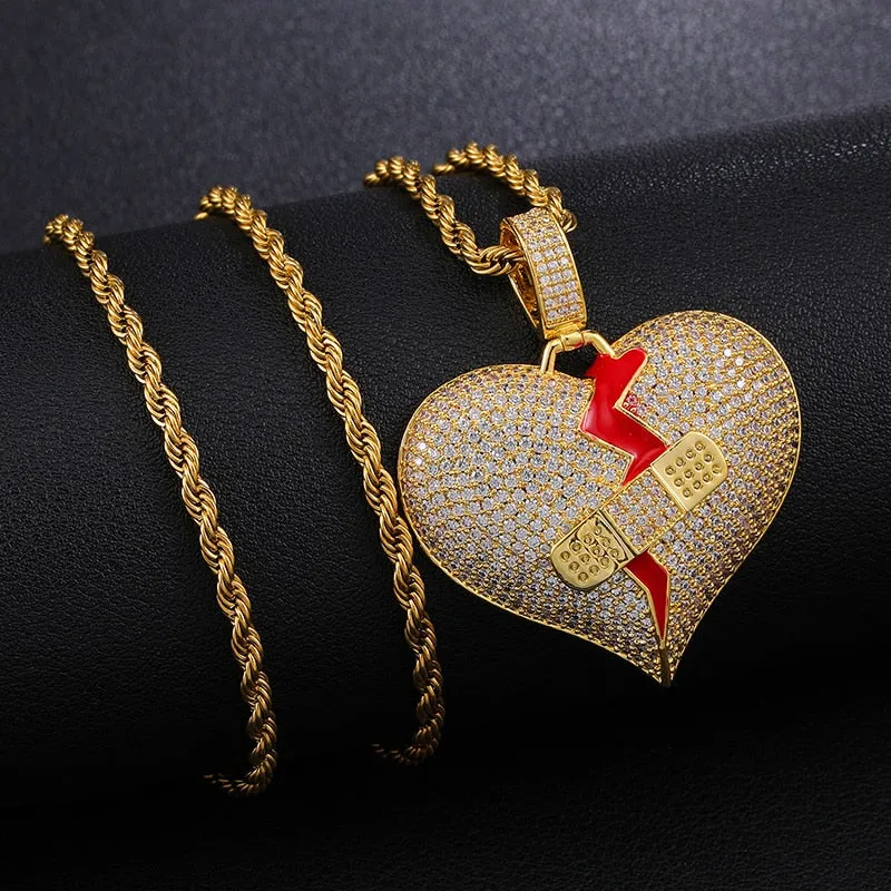 Cubic-Zirconia-Studded Broken Heart with Bandage Hip-hop Pendant Necklace