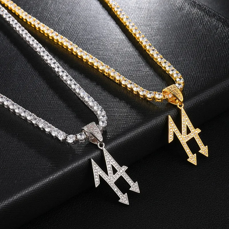 Cubic-Zirconia-Studded Number 14 Arrow Bling Hip-hop Pendant Necklace