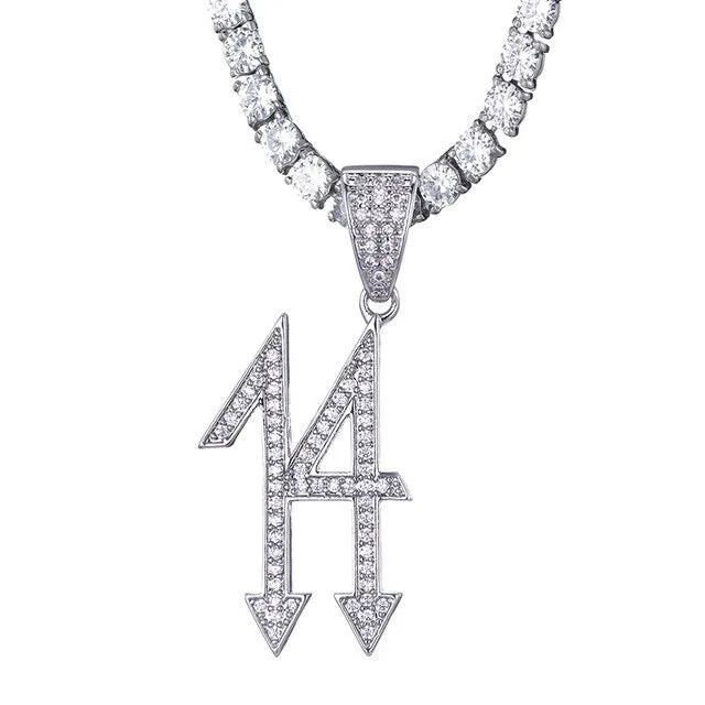 Cubic-Zirconia-Studded Number 14 Arrow Bling Hip-hop Pendant Necklace