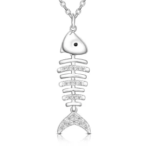 CZ Fishbone Sterling Silver Necklace Pendant