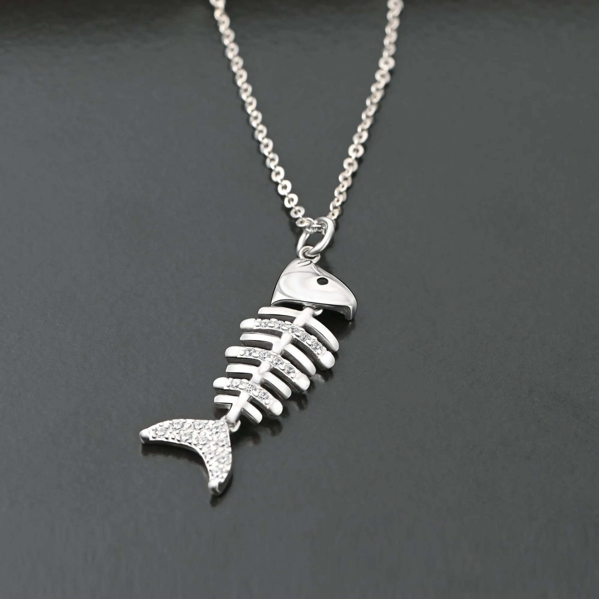 CZ Fishbone Sterling Silver Necklace Pendant