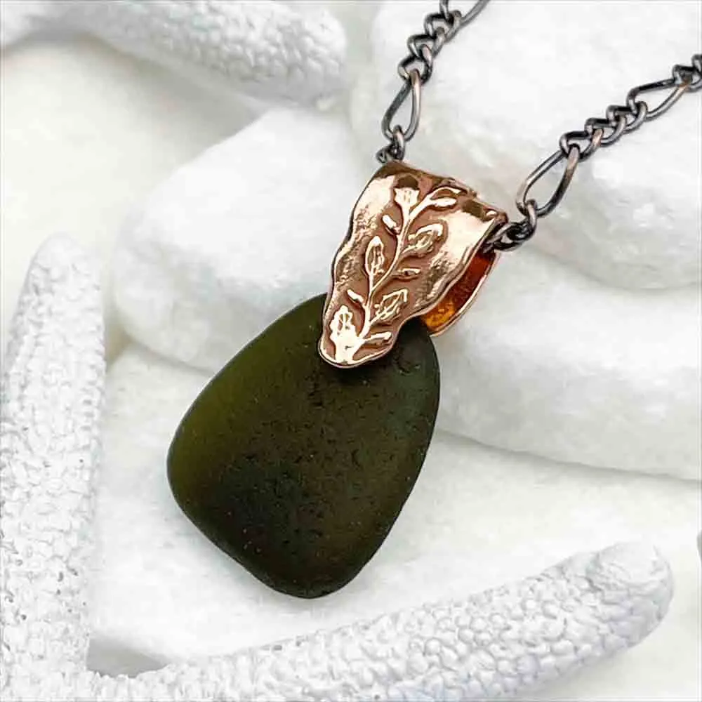 Deep Olive Sea Glass Pendant with Copper Vine Bail | #5078