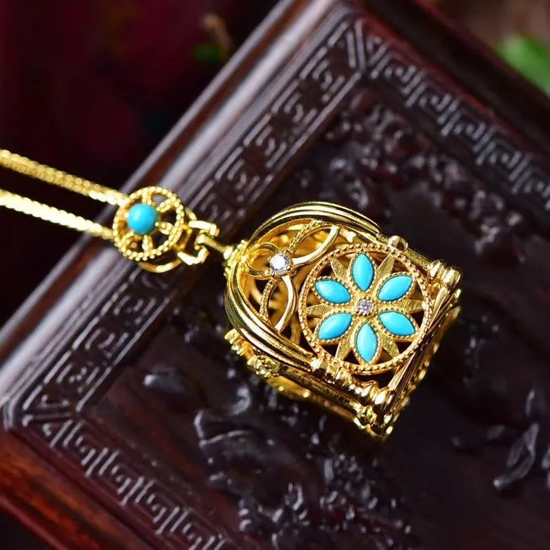 Designer IP Ancient Gold-Plated Birdcage Turquoise Pendant Necklace