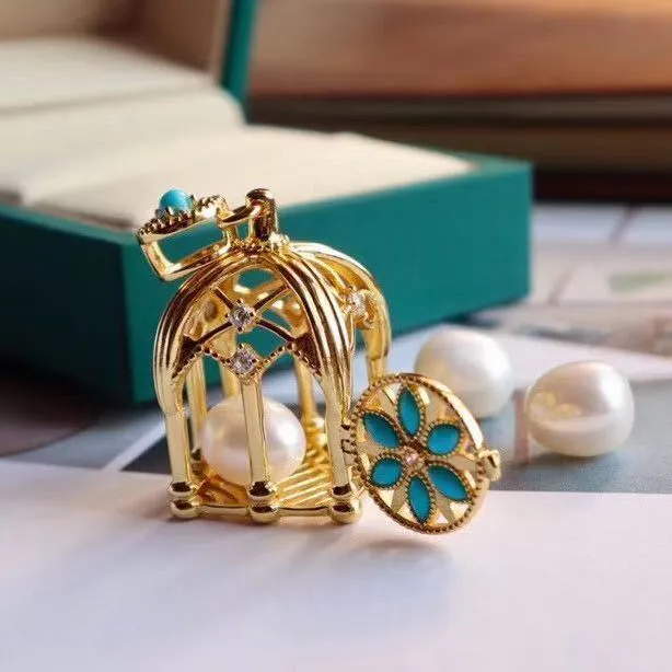 Designer IP Ancient Gold-Plated Birdcage Turquoise Pendant Necklace