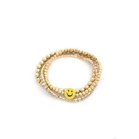 Enamel Happy Face Charm Rhinestone Ball Bead Bracelet Set