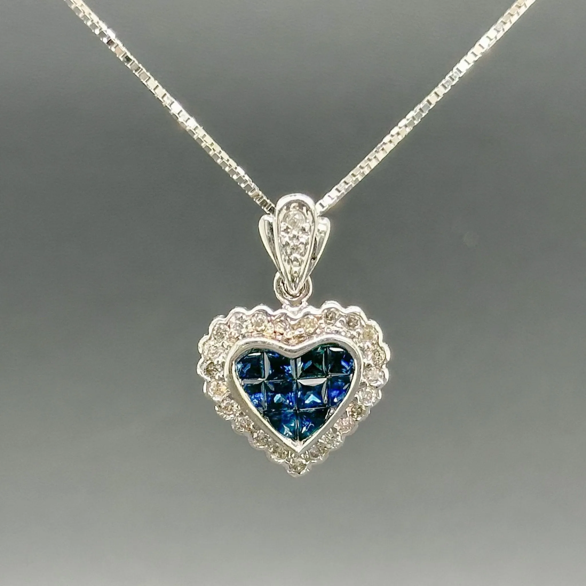 Estate 14K W Gold 0.32ctw Sapphire & 0.69ctw H-I/SI1-2 Diamond Heart Enhancer Pendant