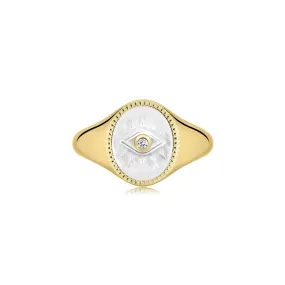 EVIL EYE SIGNET RING WITH MOP & CZ CENTER STONE