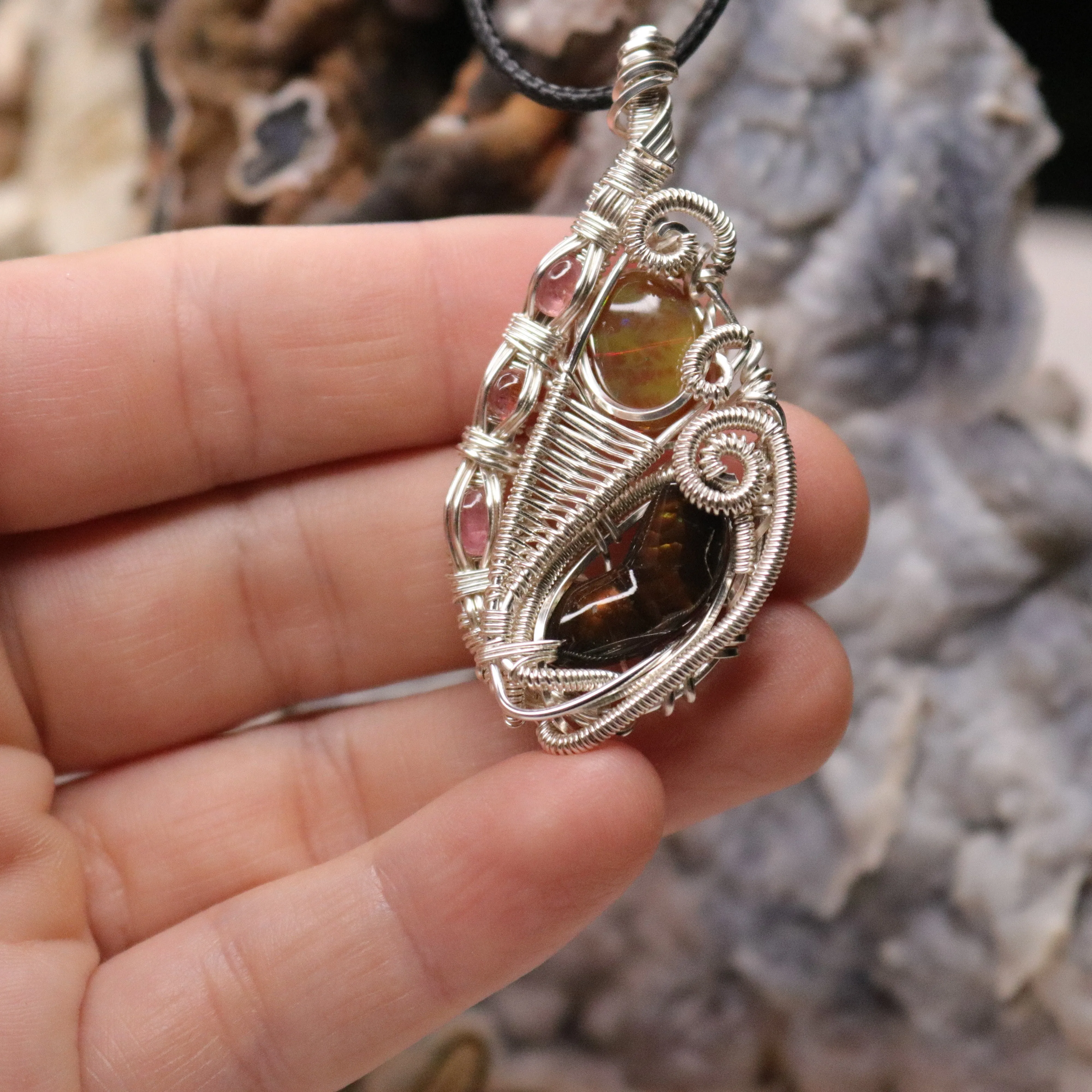 Fire Agate with Opal Pendant ~ Hand Made Wire Wrapped Pendant with Watermelon Tourmaline