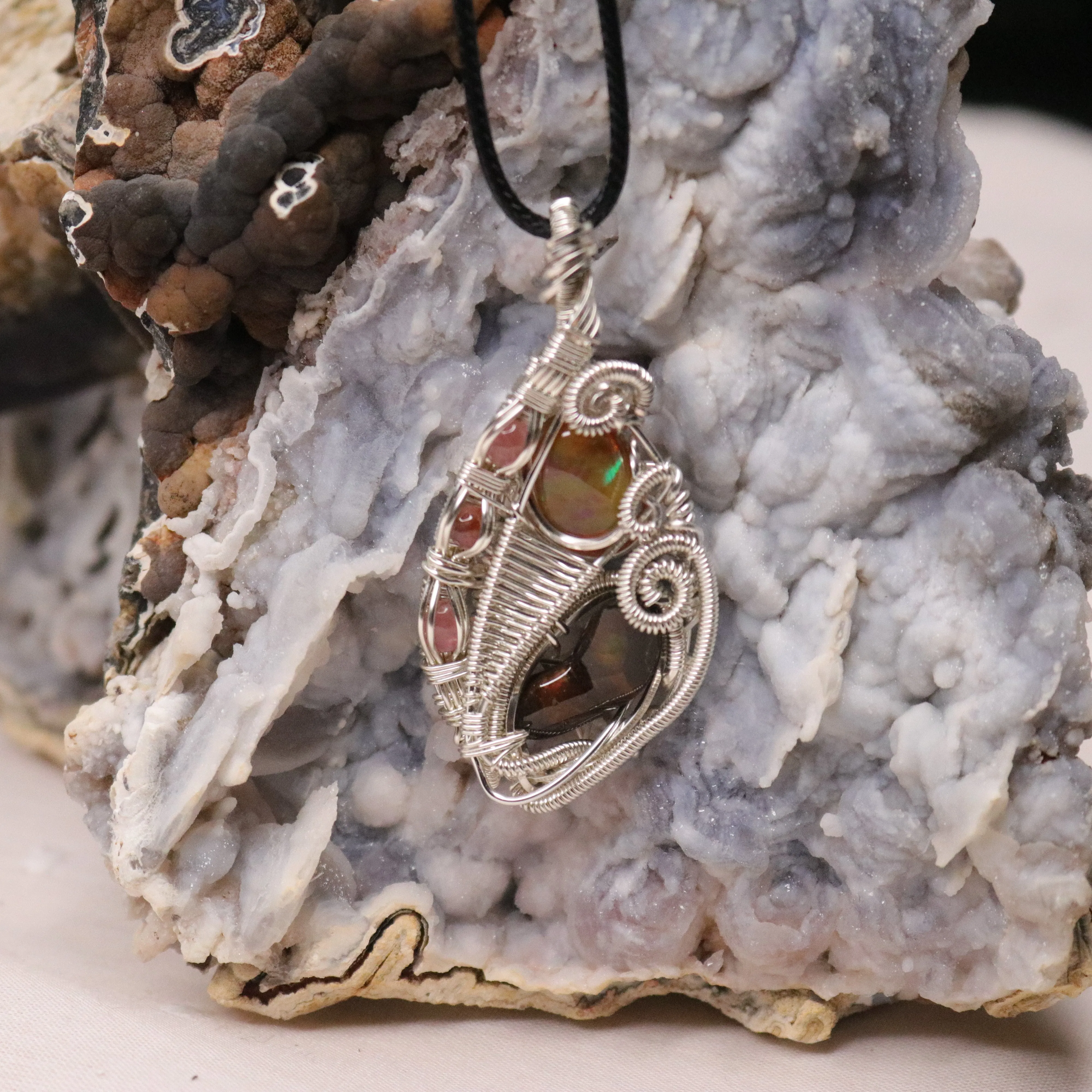 Fire Agate with Opal Pendant ~ Hand Made Wire Wrapped Pendant with Watermelon Tourmaline