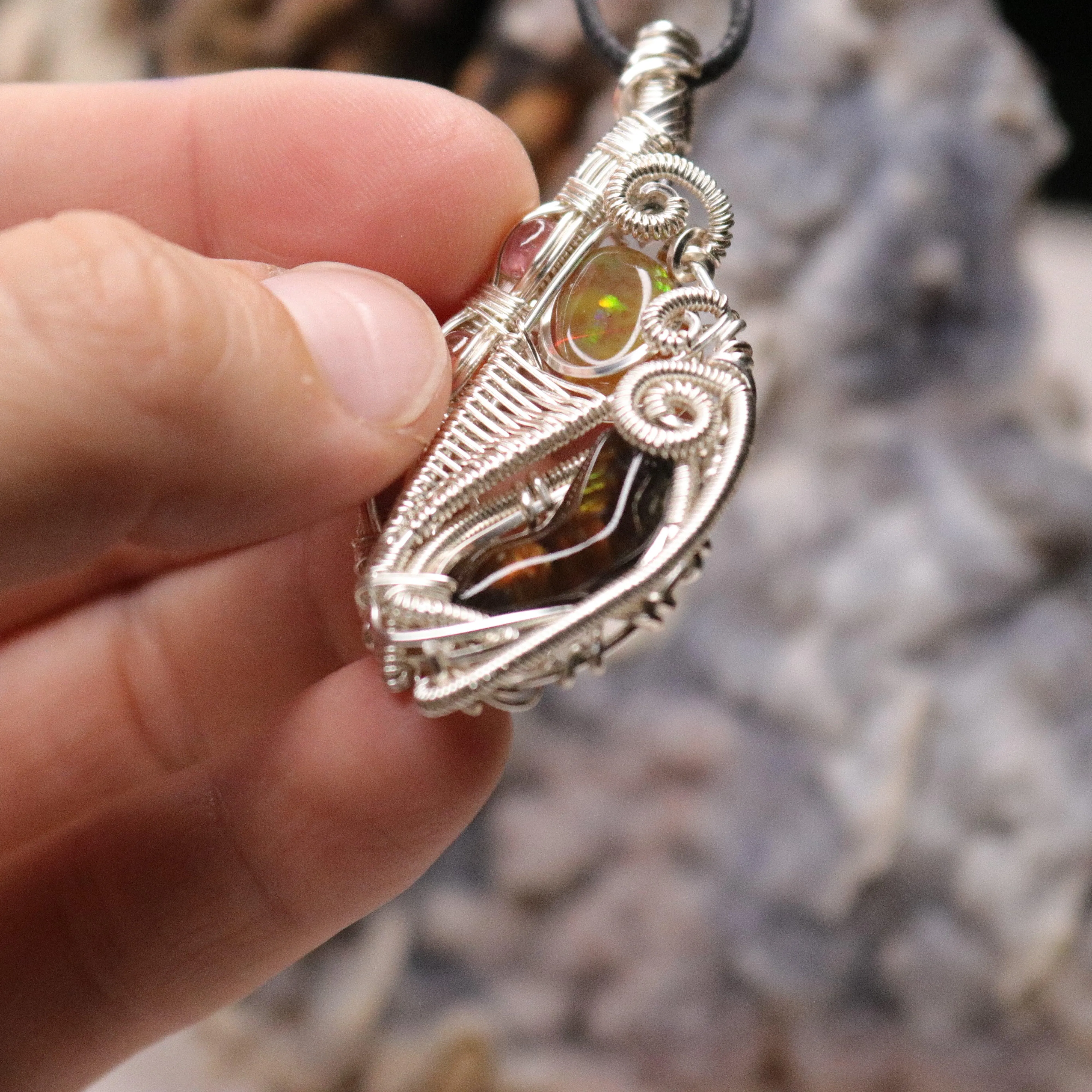 Fire Agate with Opal Pendant ~ Hand Made Wire Wrapped Pendant with Watermelon Tourmaline