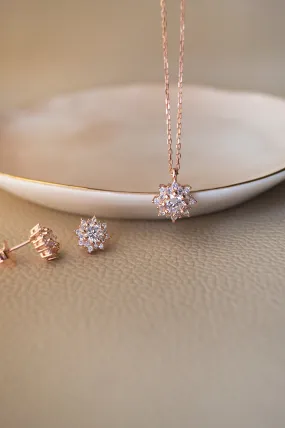 Floral Solitaire Rose Gold Plated Sterling Silver Pendant Set