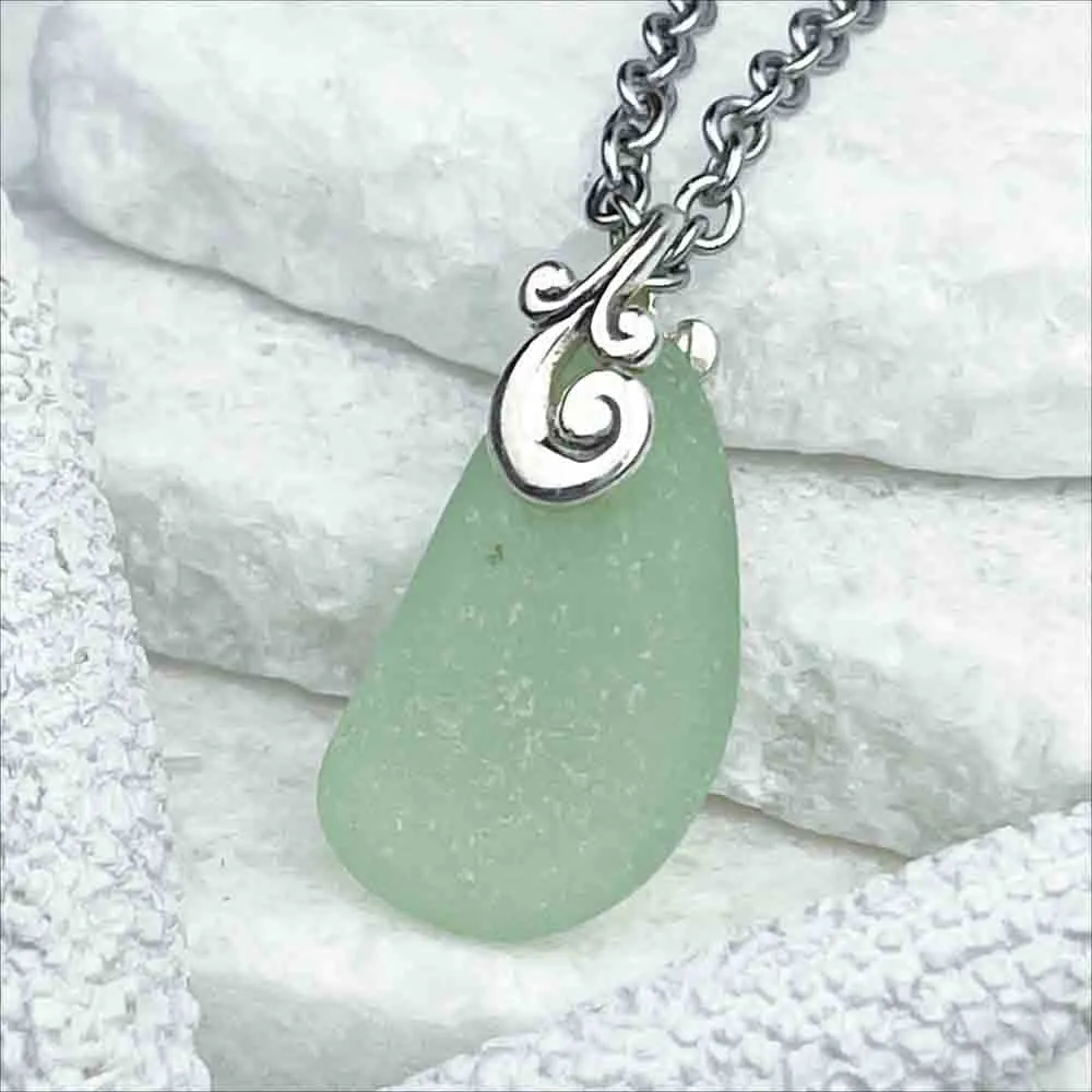 Frothy Seafoam Sea Glass Pendant with Ocean Waves Bail |#1724