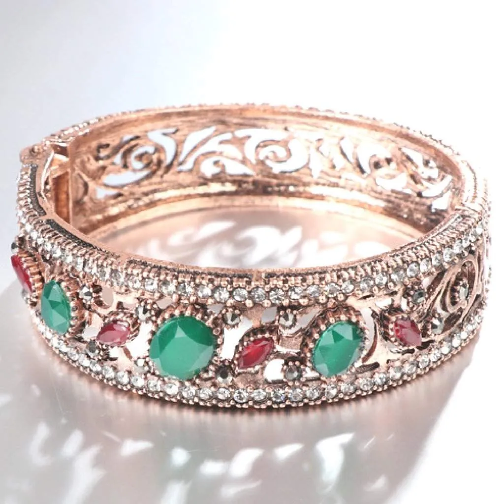 Gold Antique Crystal Red and Green Bangle Bracelet