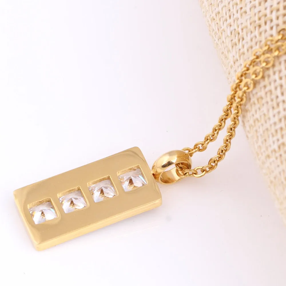 Gold-Plated Square Crystal Stainless Steel Necklace & Earrings Jewelry Set