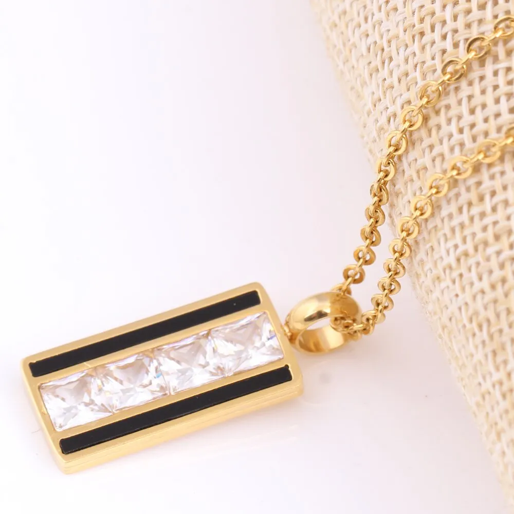 Gold-Plated Square Crystal Stainless Steel Necklace & Earrings Jewelry Set