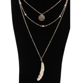 Golden Feather and Wafer Pendant Multilayer Chain Necklace