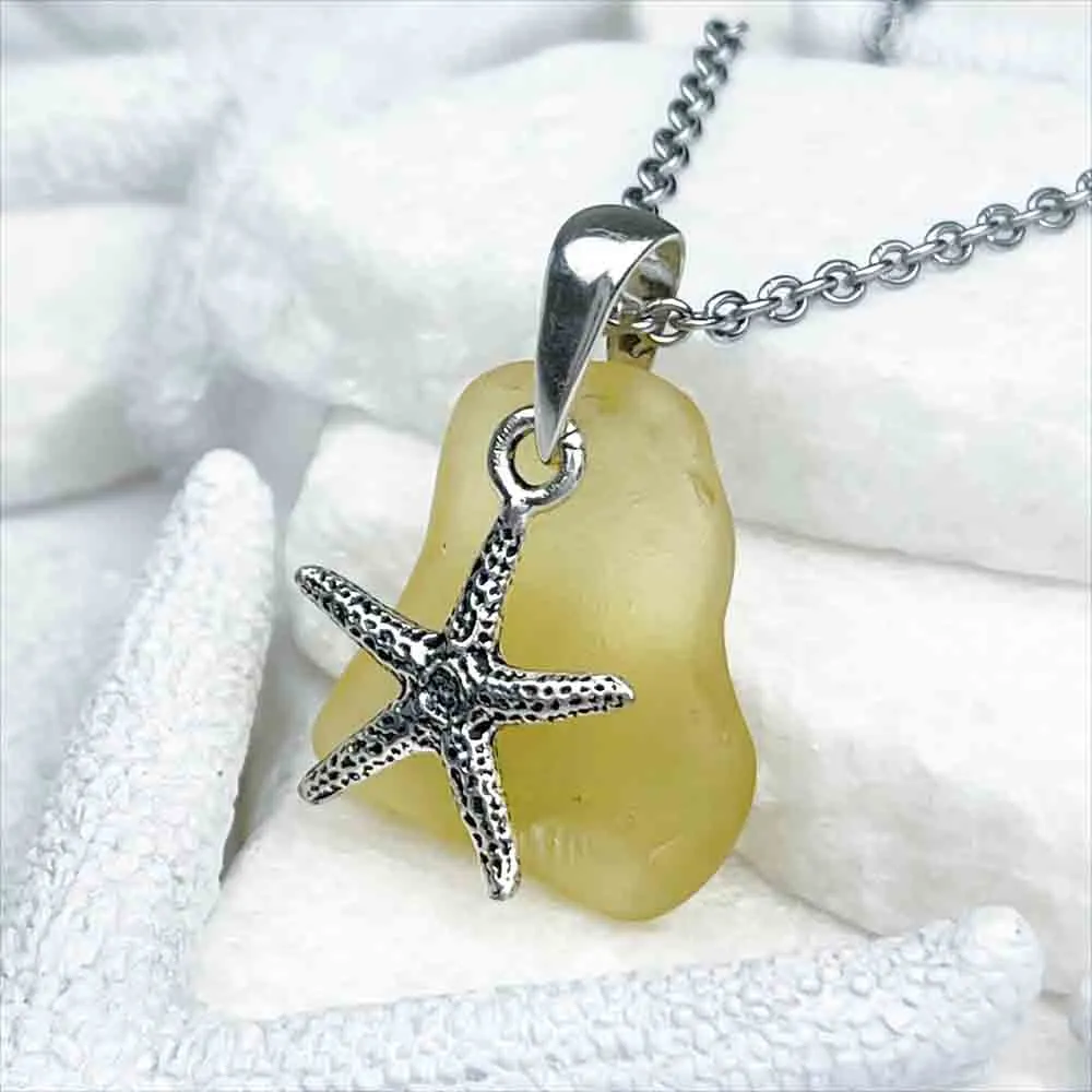 Golden Yellow Sea Glass Pendant with Starfish Charm | #5204