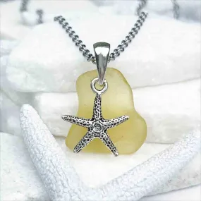 Golden Yellow Sea Glass Pendant with Starfish Charm | #5204