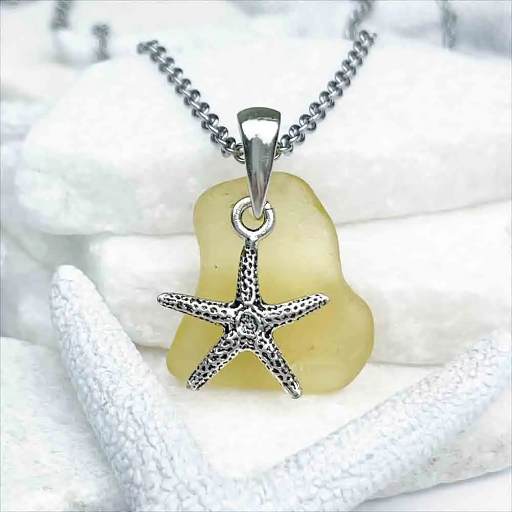 Golden Yellow Sea Glass Pendant with Starfish Charm | #5204