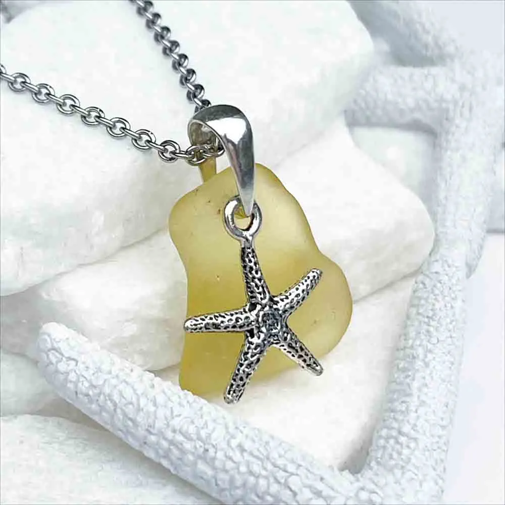 Golden Yellow Sea Glass Pendant with Starfish Charm | #5204