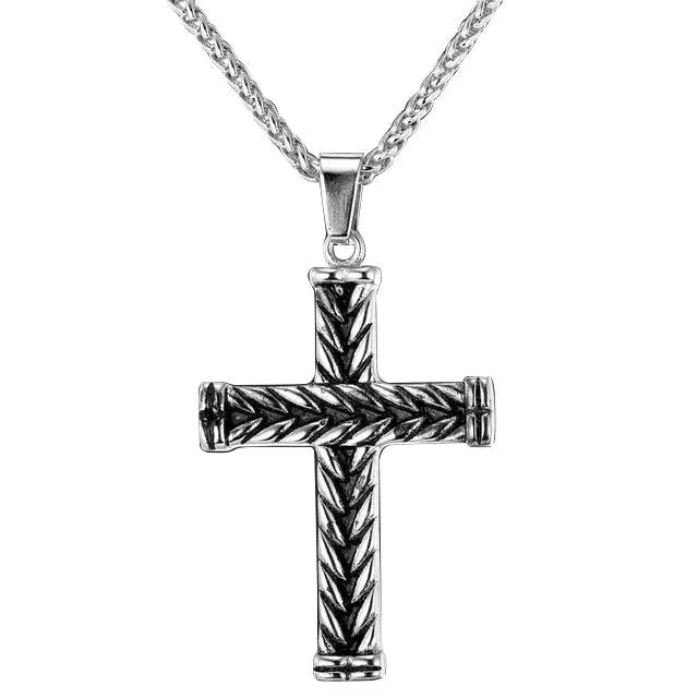 Gothic Silver Striped Cross Pendant Necklace