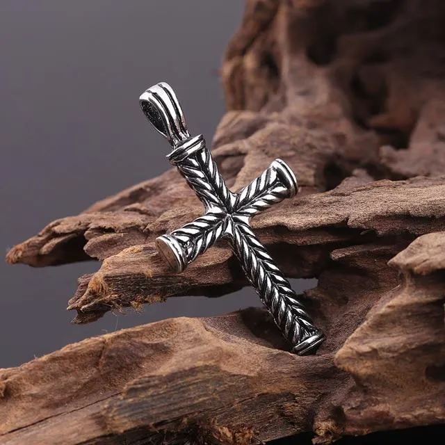 Gothic Silver Striped Cross Pendant Necklace