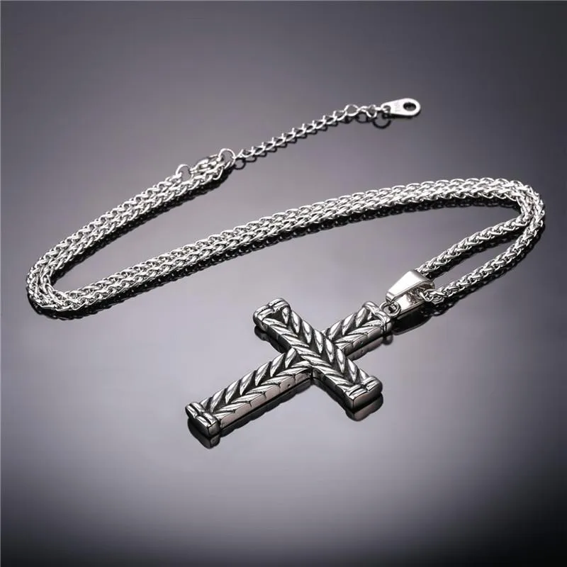 Gothic Silver Striped Cross Pendant Necklace