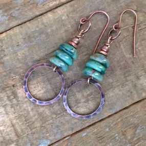 Green Stacked Czech Glass and Copper Earring