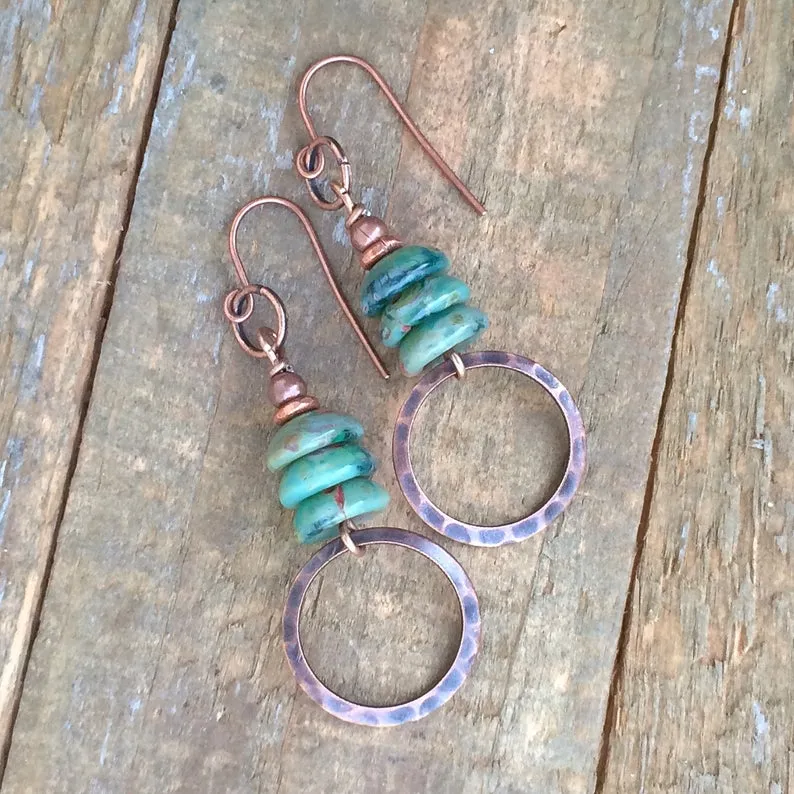 Green Stacked Czech Glass and Copper Earring