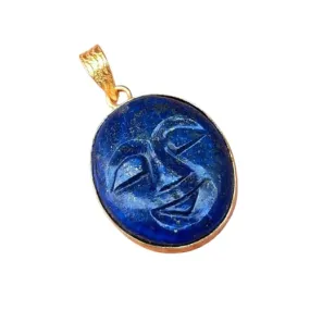 Handcrafted Natural Lapis Lazuli Gemstone Moon Face Carved Pendant