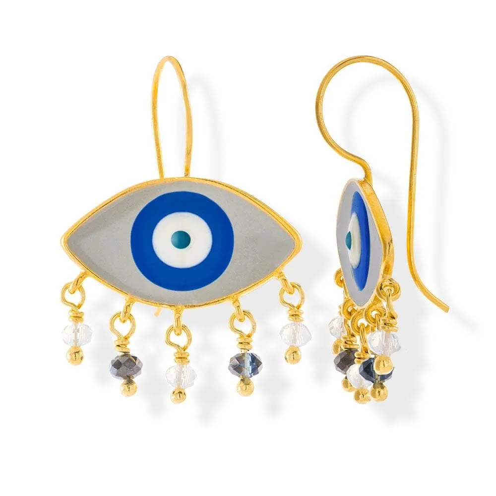 Handmade Gold Plated Silver Enamel Evil Eye Earrings Gray Navy with Gemstones