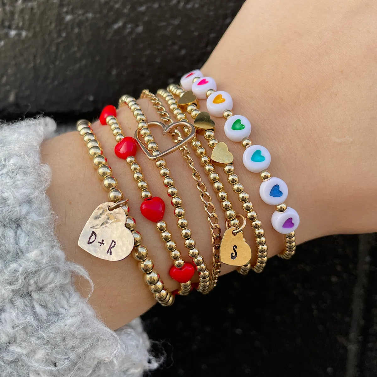 Heart Personalized Charm Bead Bracelet Gold Fill